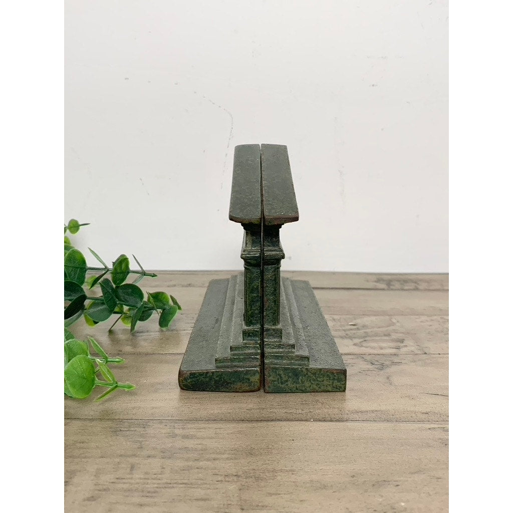 Vintage Cast Iron Greek Roman Bookends Green Greek Parthenon Columns Old Money