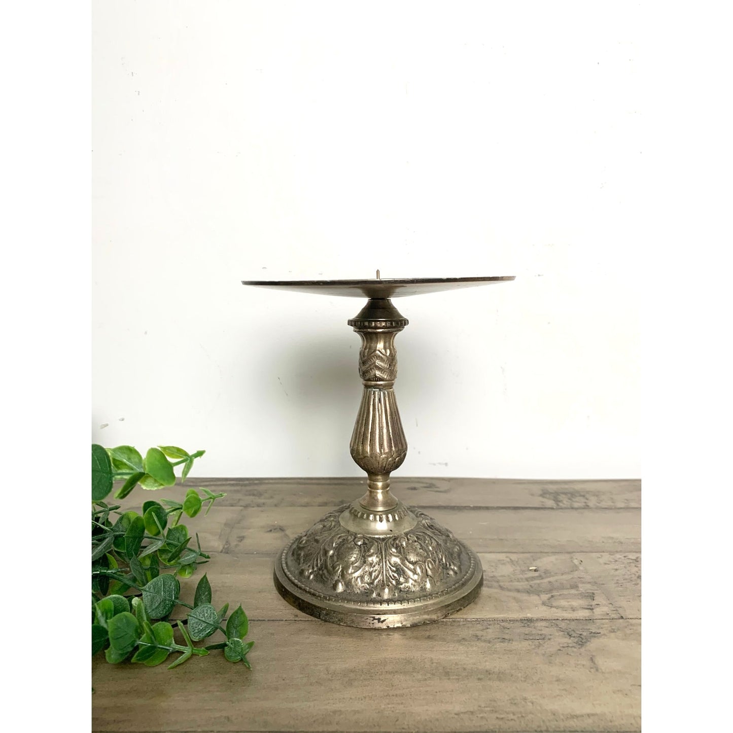 Vintage Ornate Metal Pedestal Candle Holder Pillar Stand with Floral Design