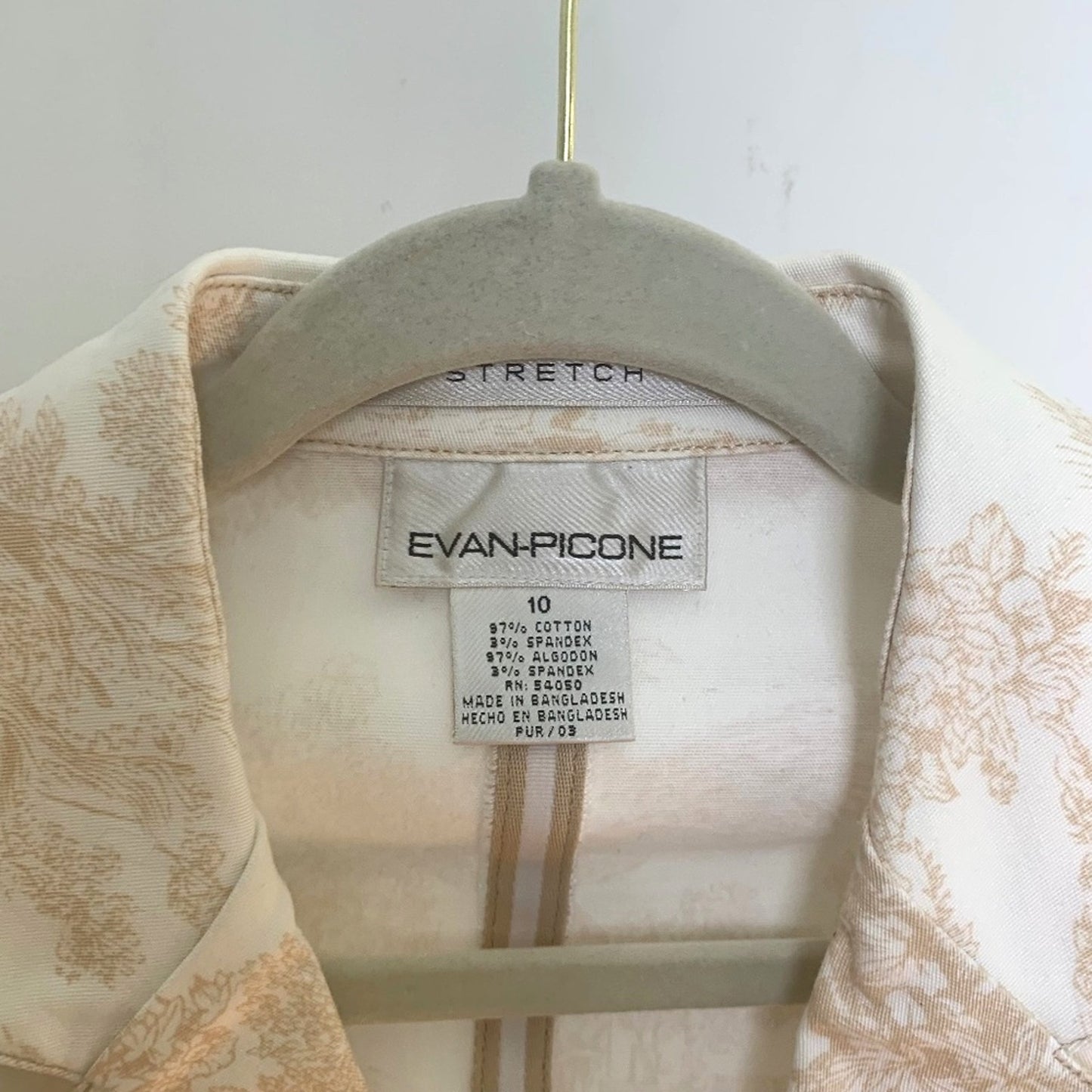 Evan Picone Toile Print Blazer White Beige Stretch Denim Jacket Structured Size 10