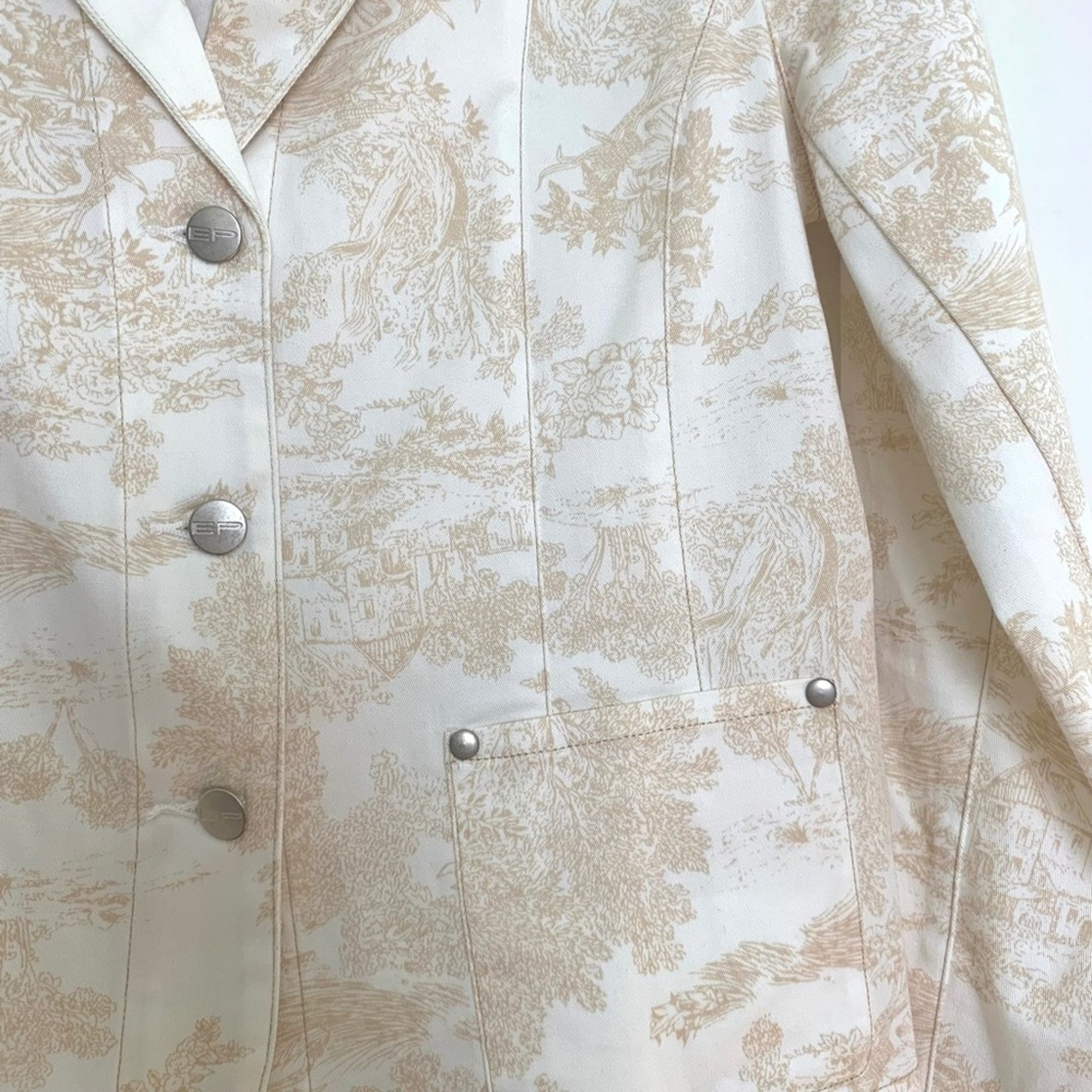 Evan Picone Toile Print Blazer White Beige Stretch Denim Jacket Structured Size 10