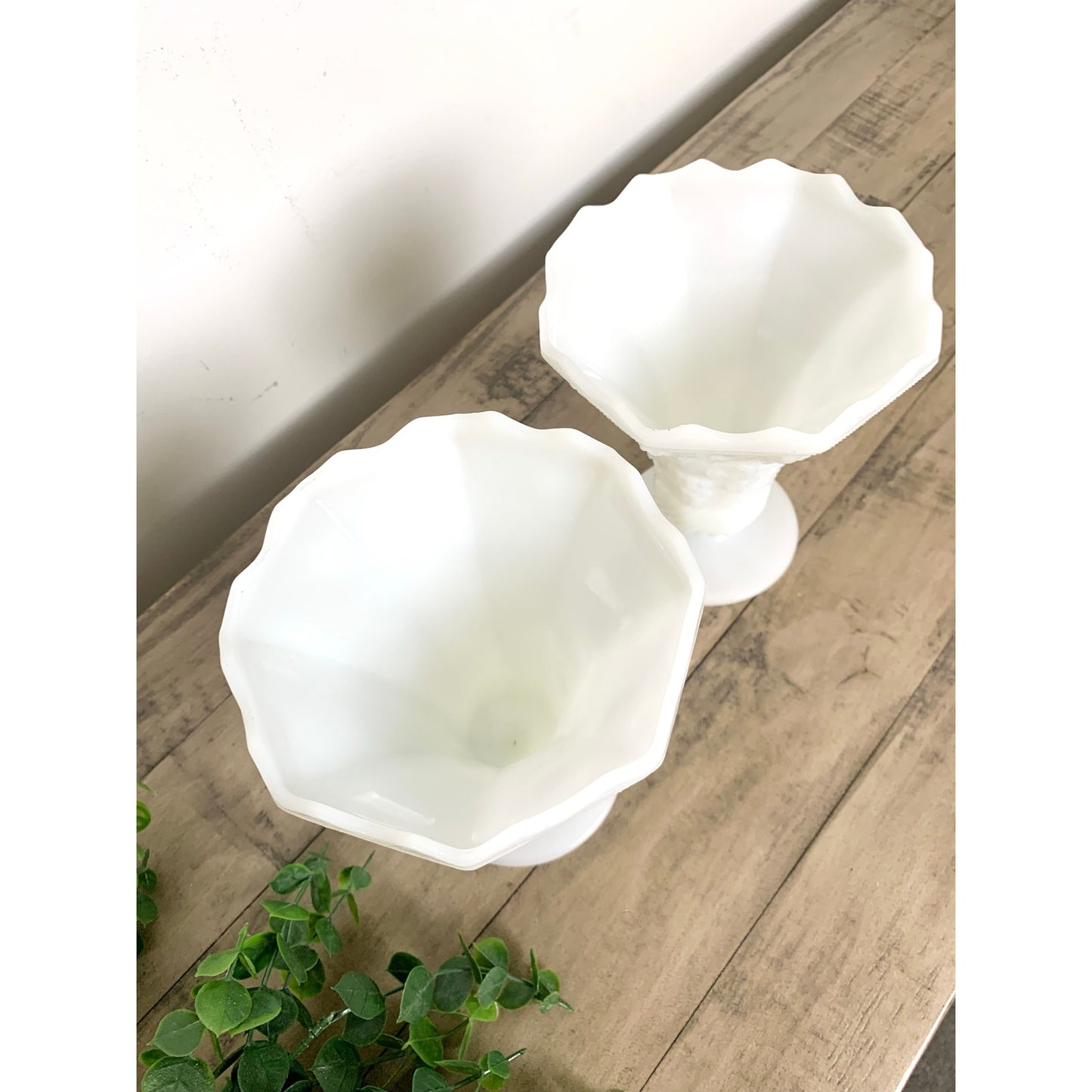 Anchor Hocking Vintage Pair White Milk Glass Grape Vine Pedestal Vases Cottage