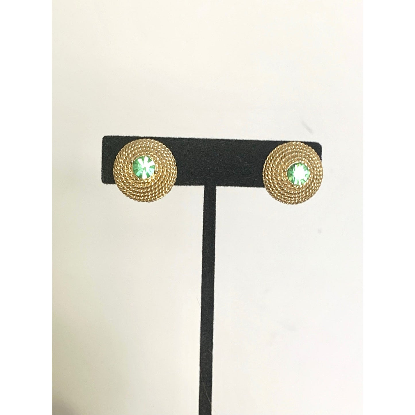 Vintage Gold Tone Clip On Earrings Green Rhinestone Textured Retro Statement