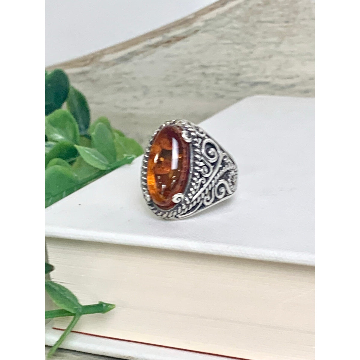Vintage Sterling Silver Amber Ring Ornate Filigree Statement Jewelry 925 Boho Southwestern