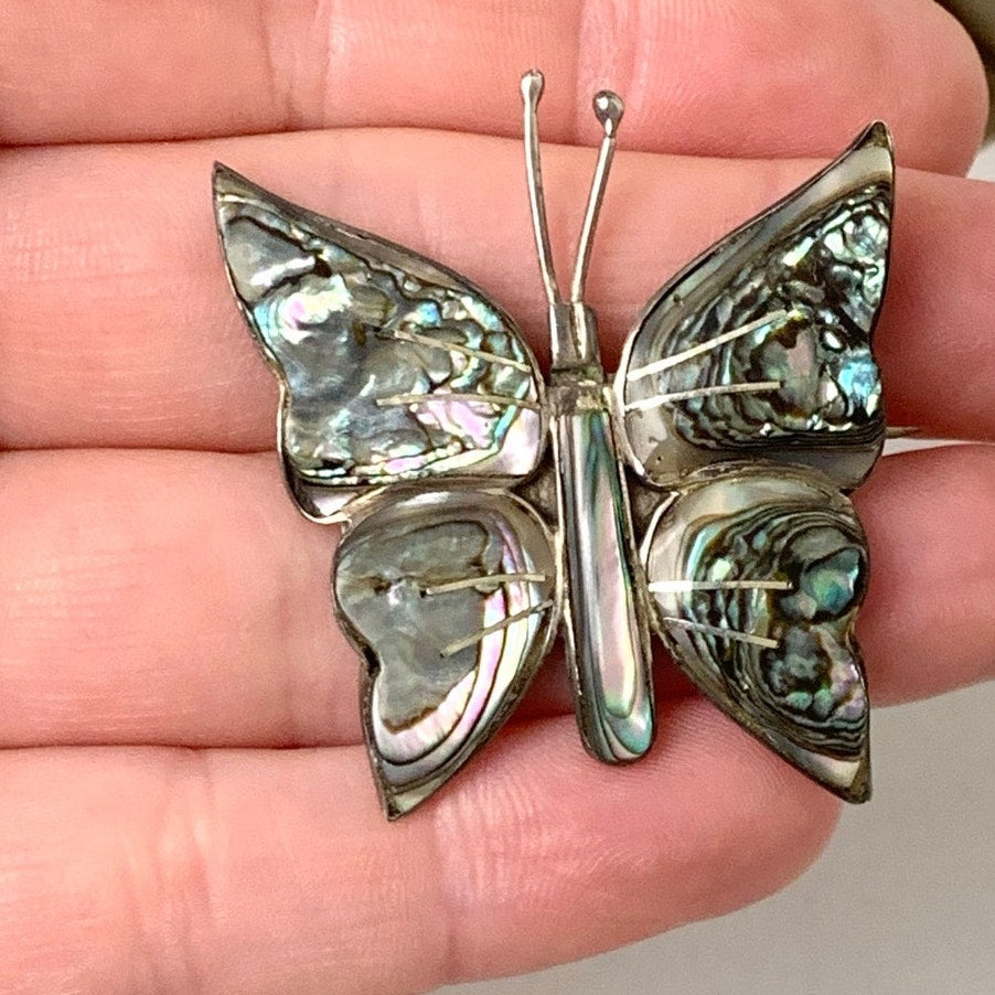 Vintage Mexico Sterling Silver Abalone Butterfly Brooch Iridescent Shell Pin