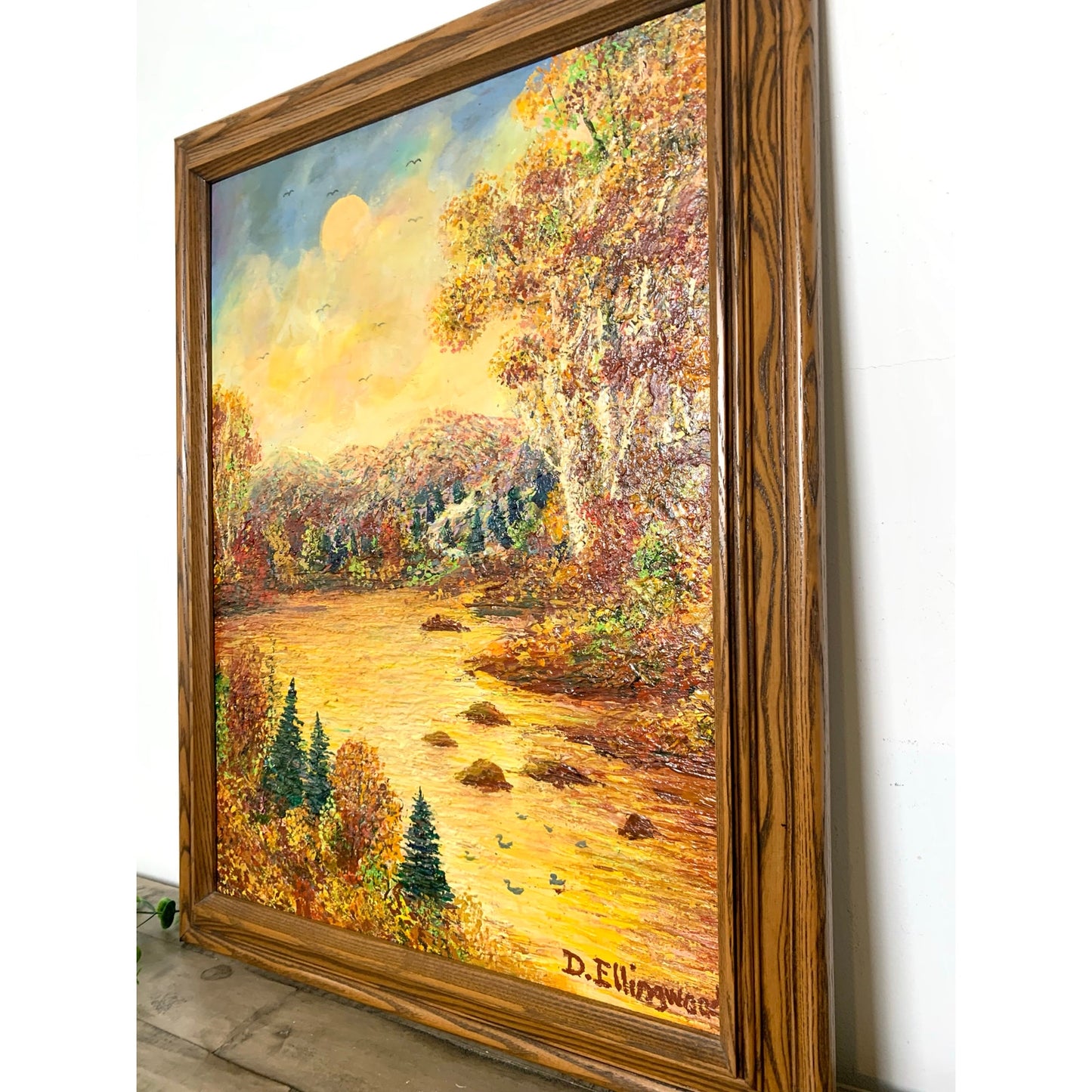 Vintage Oil Painting on Canvas by D. Ellingwood, Framed Autumn Landscape, 28x22