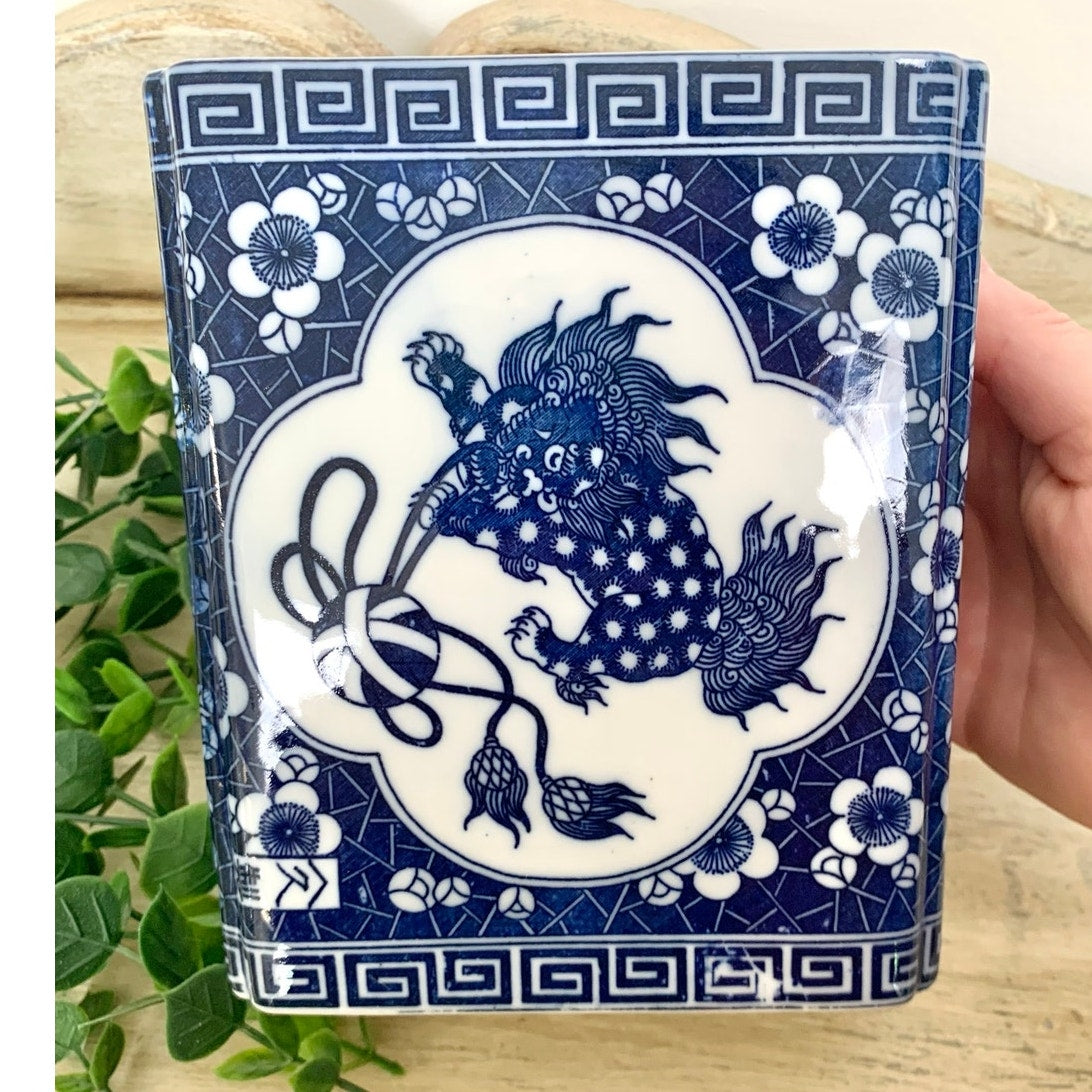 Vintage Chinoiserie Porcelain Flower Frog Blue White Foo Dog Vase Andrea by Sadek