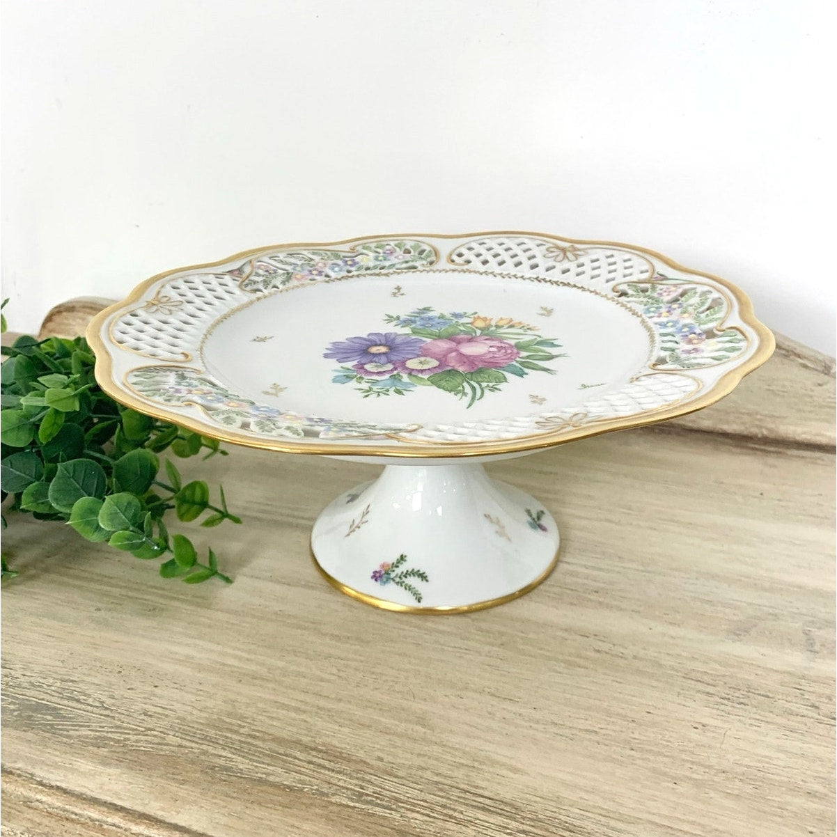 Vintage Pedestal Cake Stand Floral Hand Painted Porcelain Wedding Serving Cottage Shabby