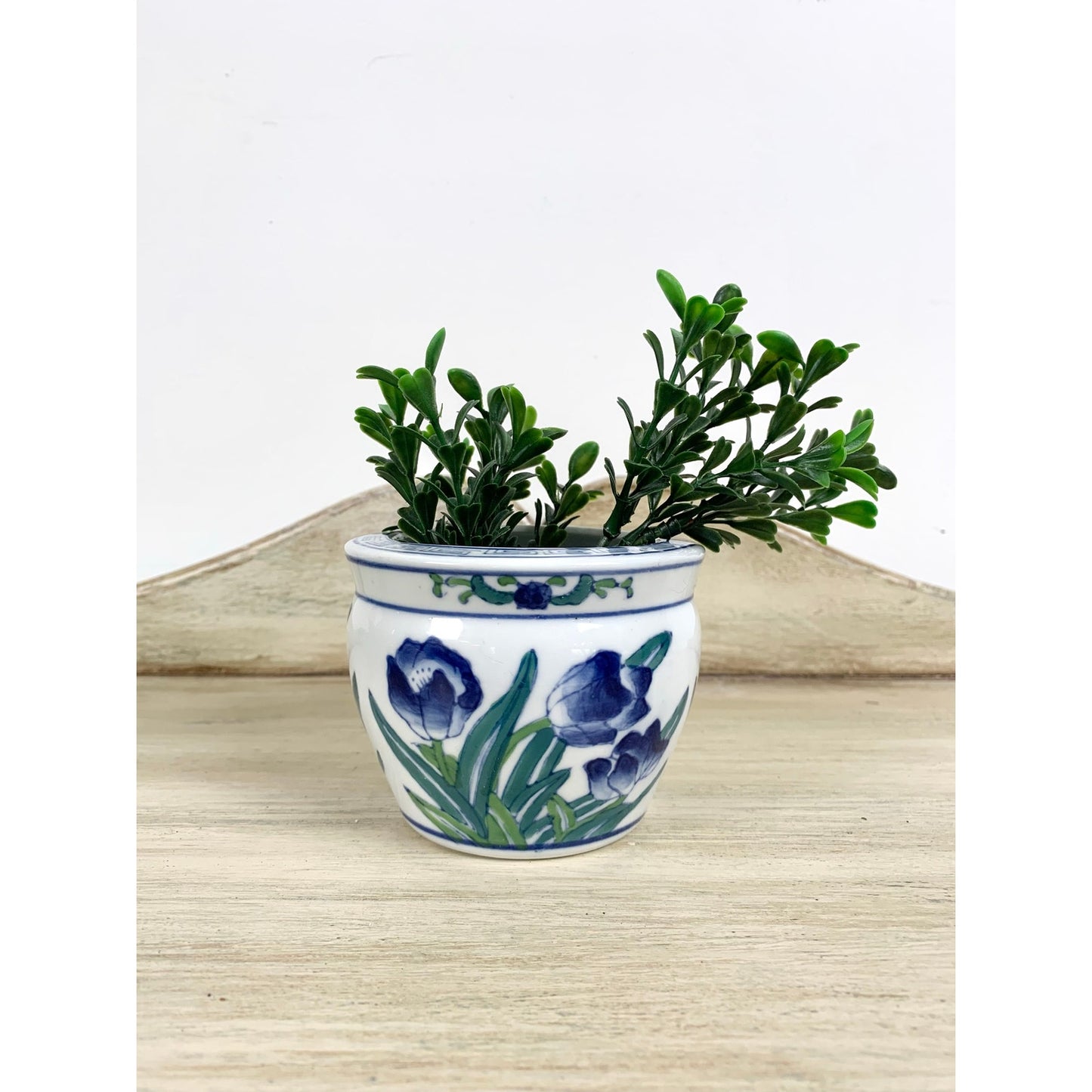 Vintage Chinoiserie Ceramic Cachepot Vase Planter Blue and White Floral Pottery