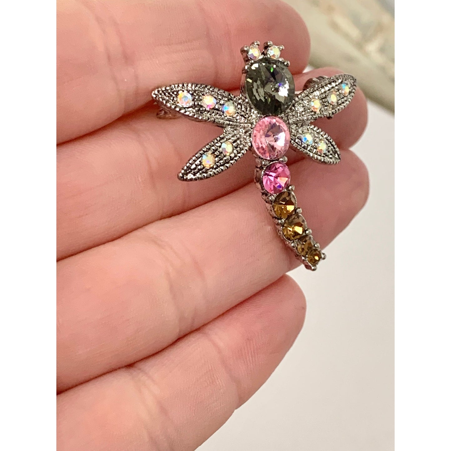 Vintage Rhinestone Dragonfly Brooch Pink Crystal Insect Pin Statement Jewelry