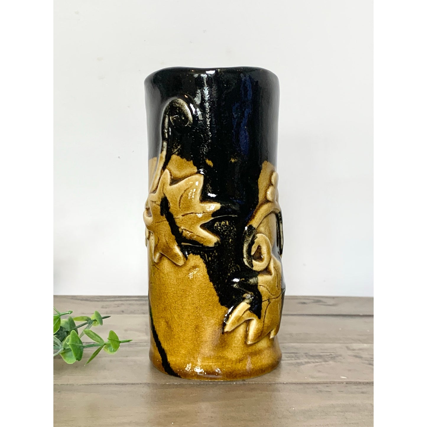 Vintage Black and Gold Ceramic Vase with Raised Vine and Leaf Design – Rustic Studio Pottery