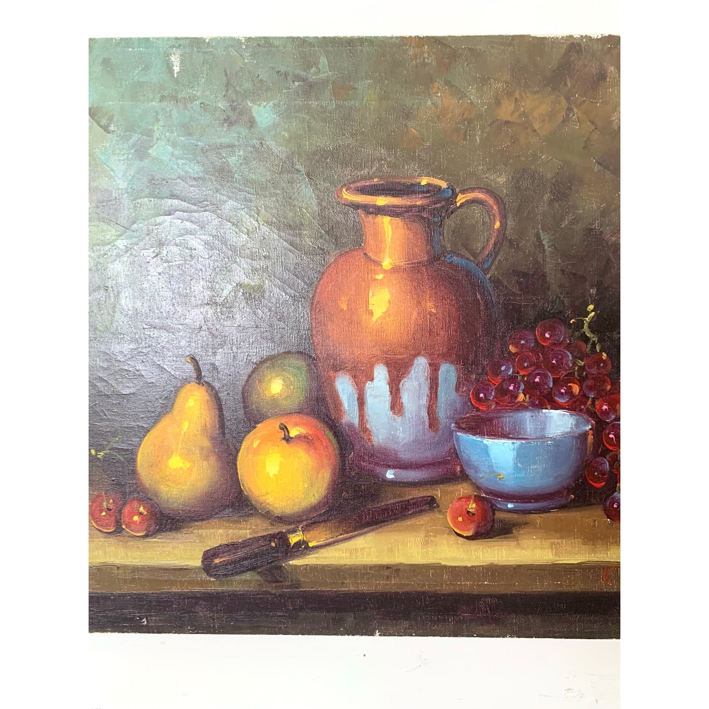 Vintage Still Life Oil Painting on Canvas Signed V Watson Rustic Fruit Art Moody