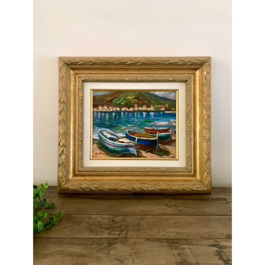 Mediterranean Oil Painting with Boats Signed & Framed
