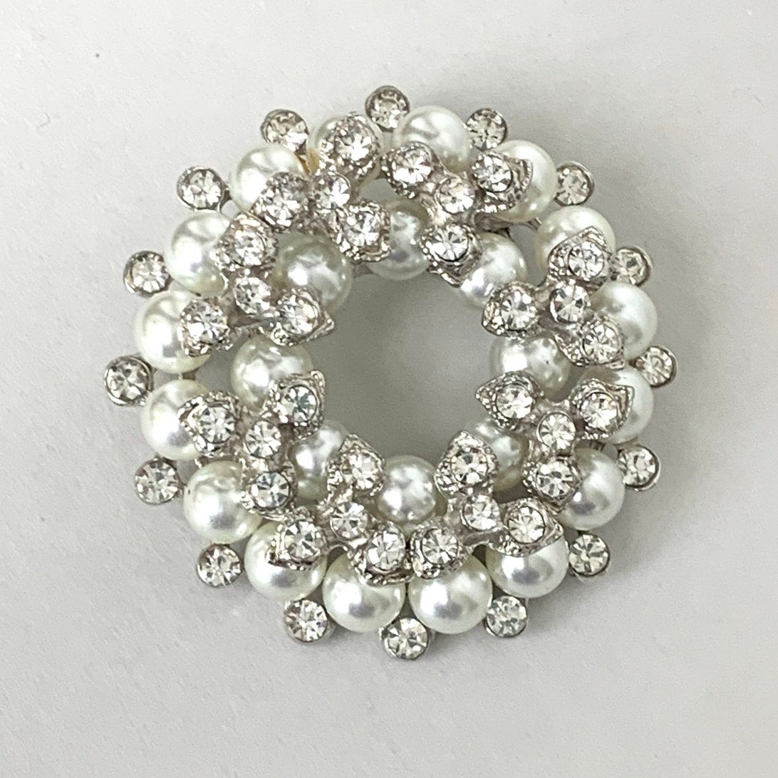 Vintage Faux Pearl and Rhinestone Wreath Brooch Classic Circle Pin Elegant Jewelry