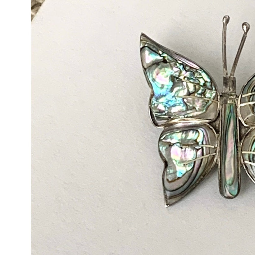 Vintage Mexico Sterling Silver Abalone Butterfly Brooch Iridescent Shell Pin