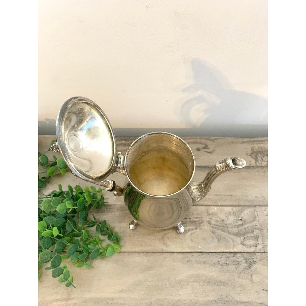 Vintage Silverplate Coffee Pot Tea Pot Ornate Footed Serving Dish Hinged Lid Floral Elegant