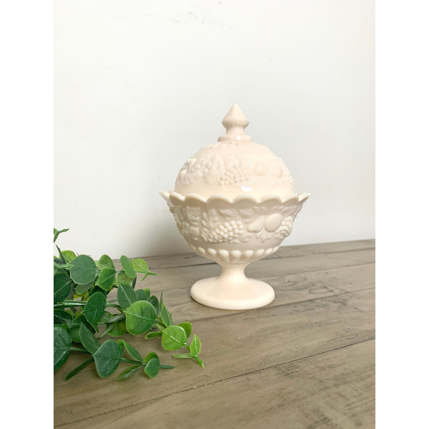 Vintage Westmorland Pink Milk Glass Covered Compote Fruit Motif Pedestal Dish Feminine Romantic Retro Shabby Cottage MCM