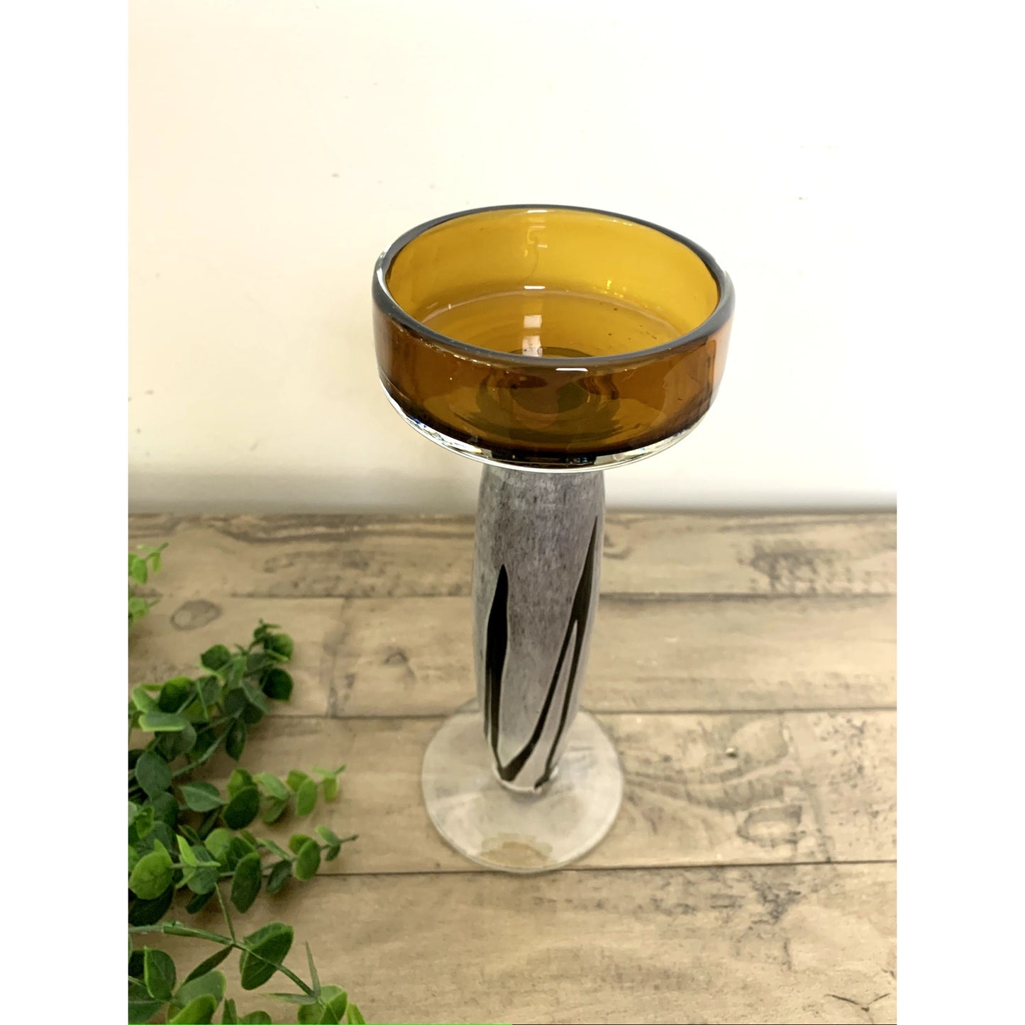 Vintage MCM Art Glass Candle Holder – Amber Glass Pedestal Pillar Candle Retro