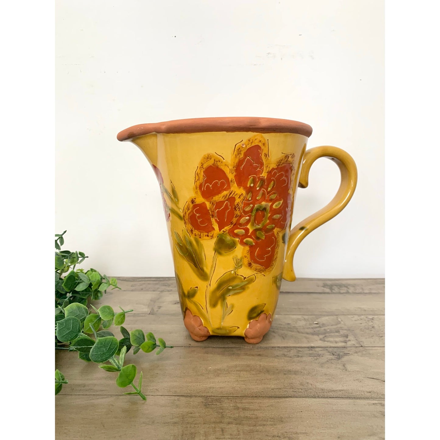 Vintage Tapestry by Nanette Vacher Floral Pitcher Pottery Vase Hand Painted Terracotta