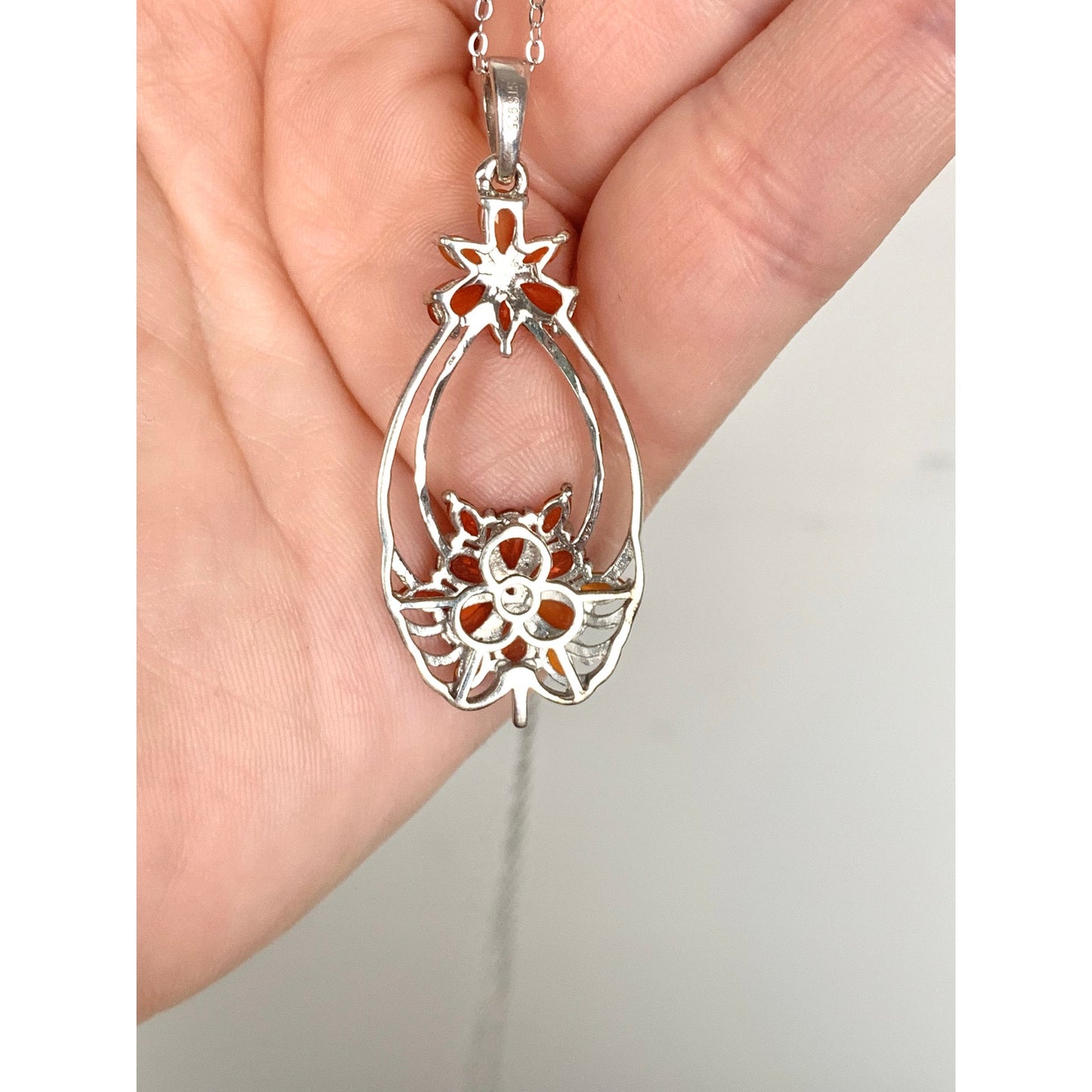 Sterling Silver STS Orange Gemstone Floral Pendant Necklace 925 Vintage Style Statement Necklace