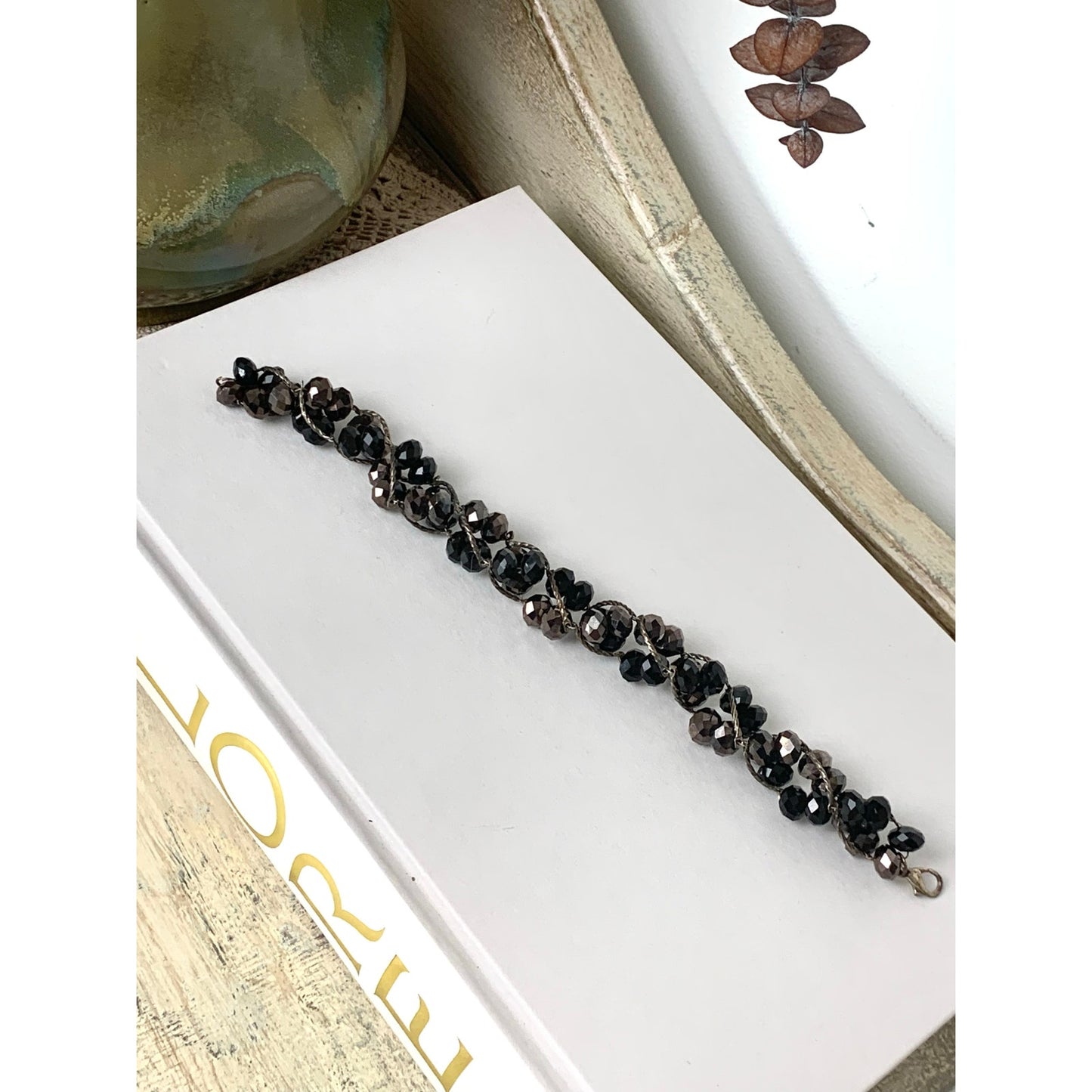 Vintage Smoky Faceted Beaded Bracelet Multi Strand Dark Crystal Glass Bead Statement Jewelry