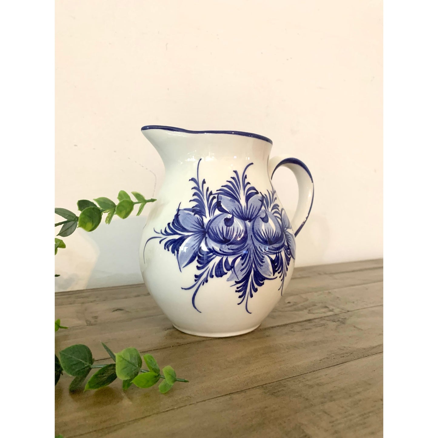 Vintage Blue & White Floral Pitcher Hand Painted Portugal Ceramic Vase Cottage