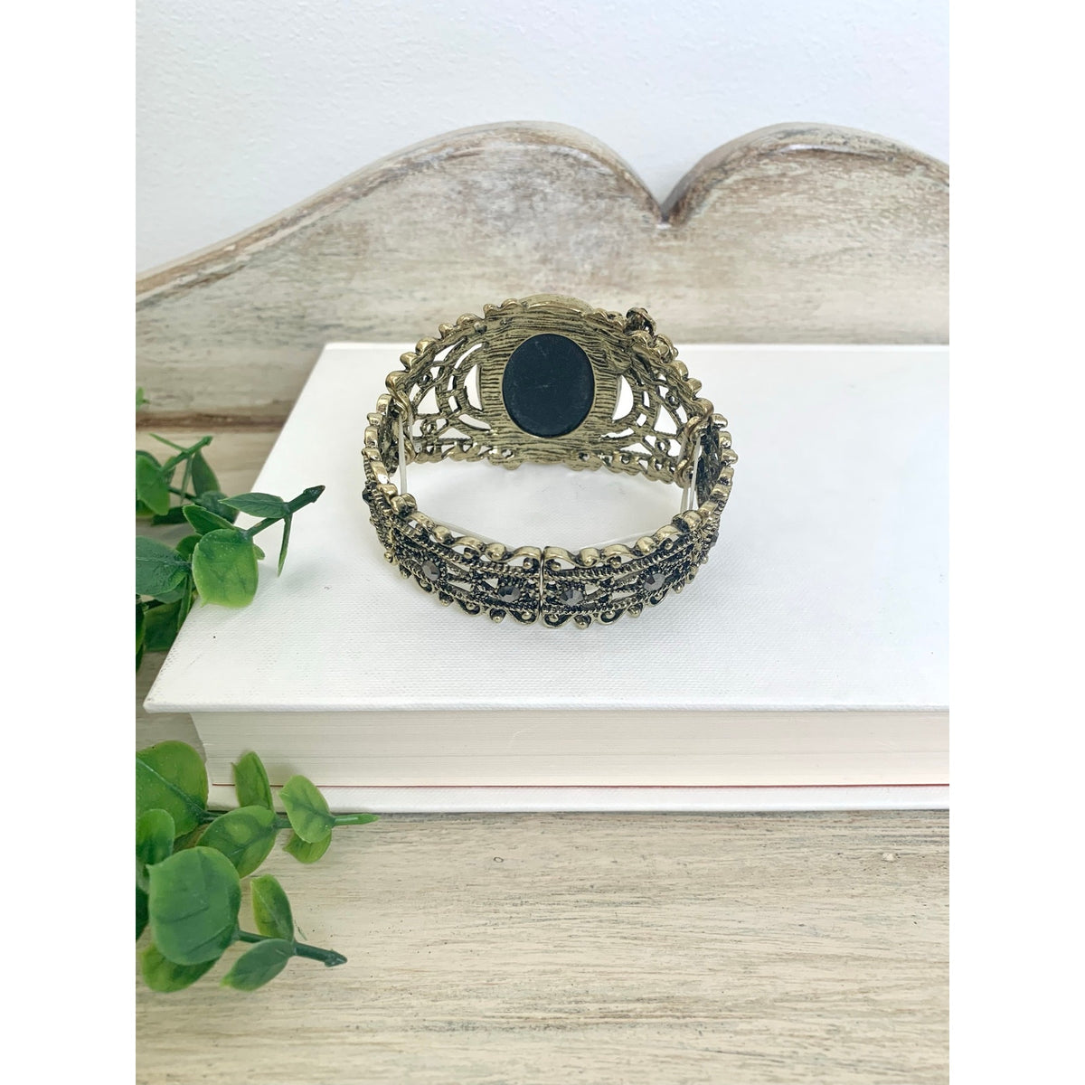 Cameo Stretch Bracelet Rhinestone Floral Victorian Revival Style Statement Jewelry