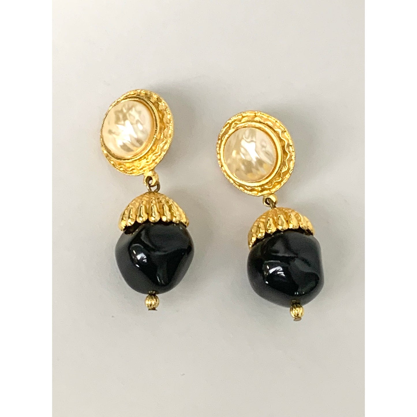 Vintage Faux Pearl Black Bead Goldtone Dangle Earrings Classic Statement