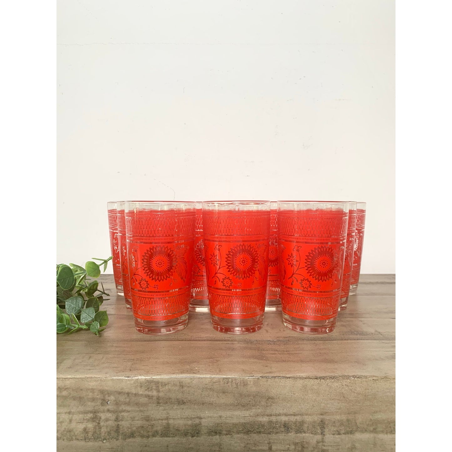 Vintage Mid Century Barware Glasses 12pc Retro Floral Red Drinkware Boho Cottage