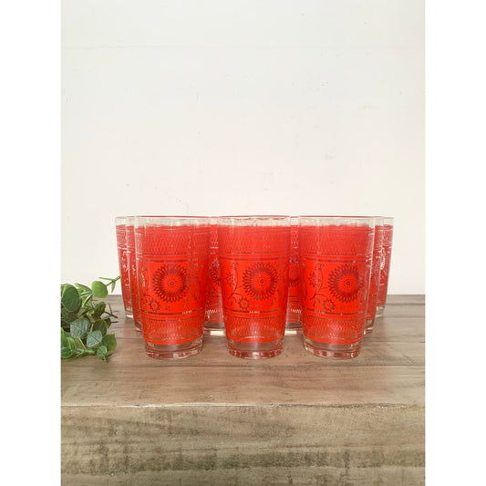 Vintage Mid Century Barware Glasses 12pc Retro Floral Red Drinkware Boho Cottage
