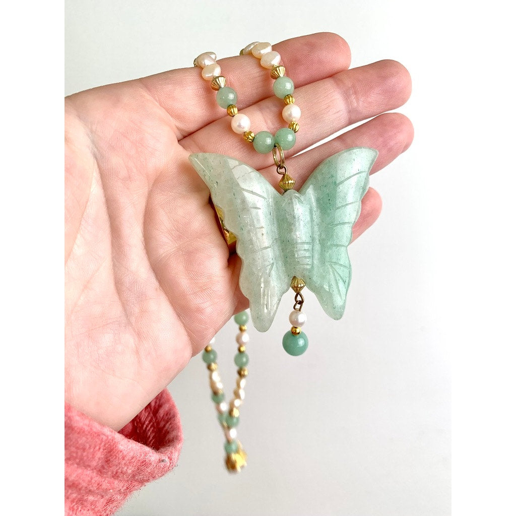 Vintage Jade Butterfly Pendant Necklace Pearl Beaded Green Stone Statement