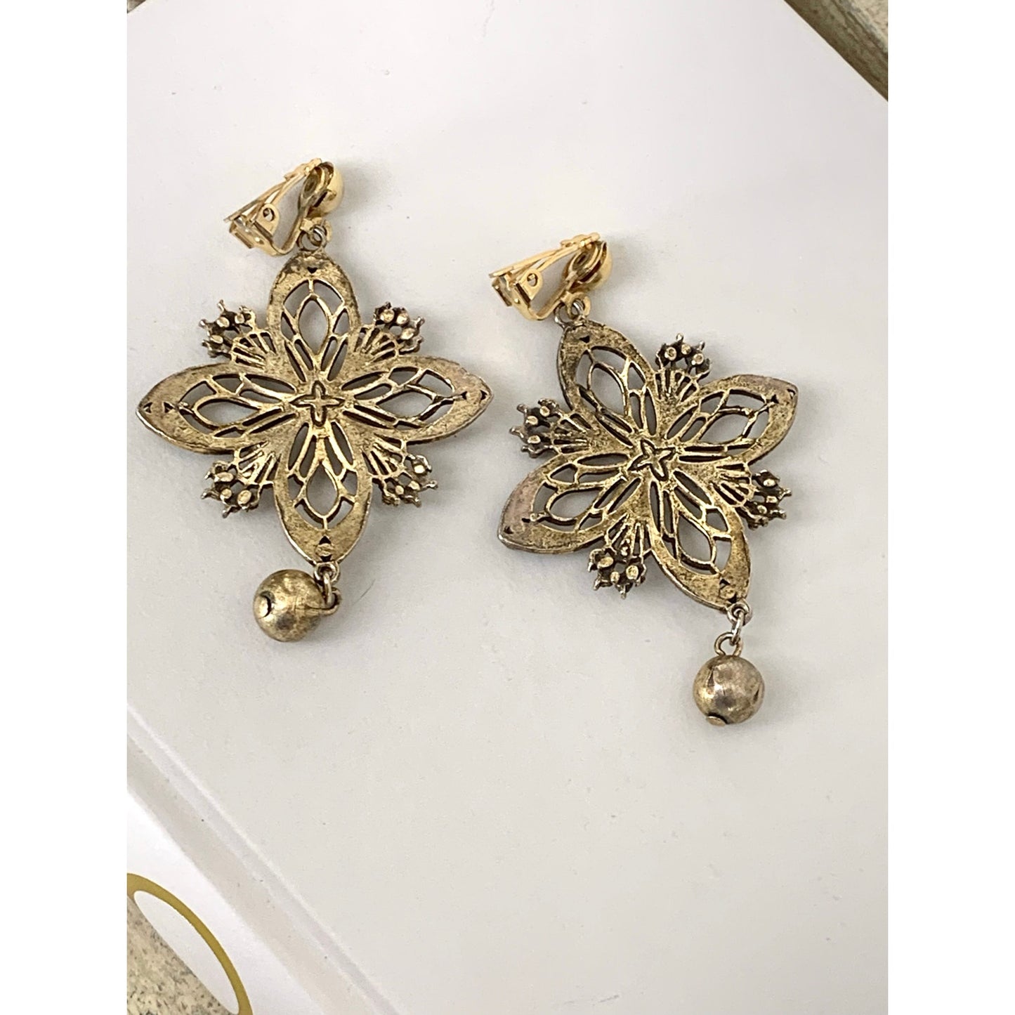 Vintage Gold Tone Clip On Earrings Ornate Filigree Floral Dangle Earrings Statement Jewelry