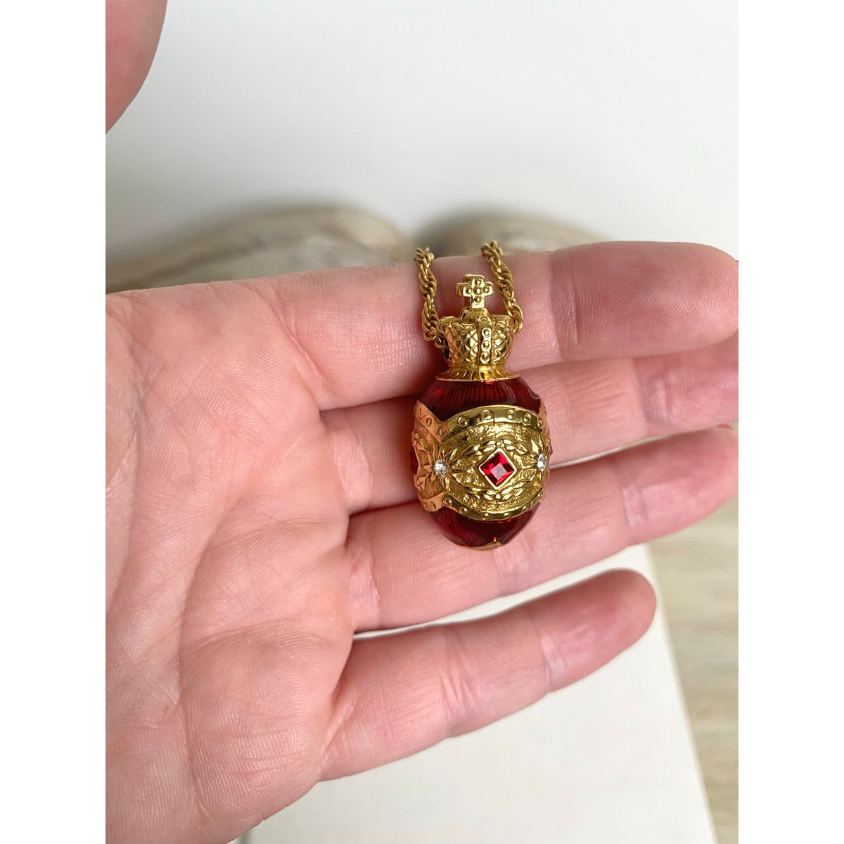 Vintage Joan Rivers Red Enamel Egg Pendant Necklace Crown Rhinestone Gold Tone
