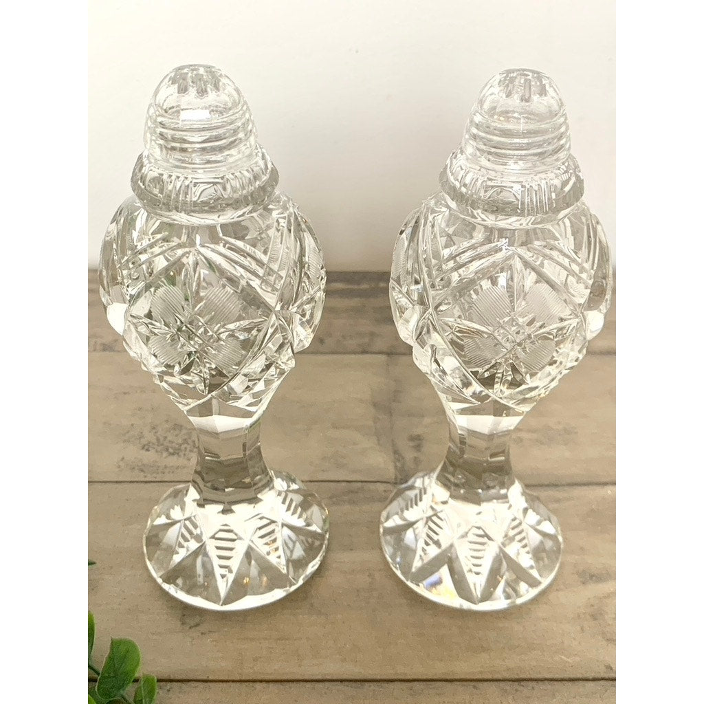 Vintage Cut Crystal Salt & Pepper Shakers Faceted Pedestal Pair with Starburst Pattern