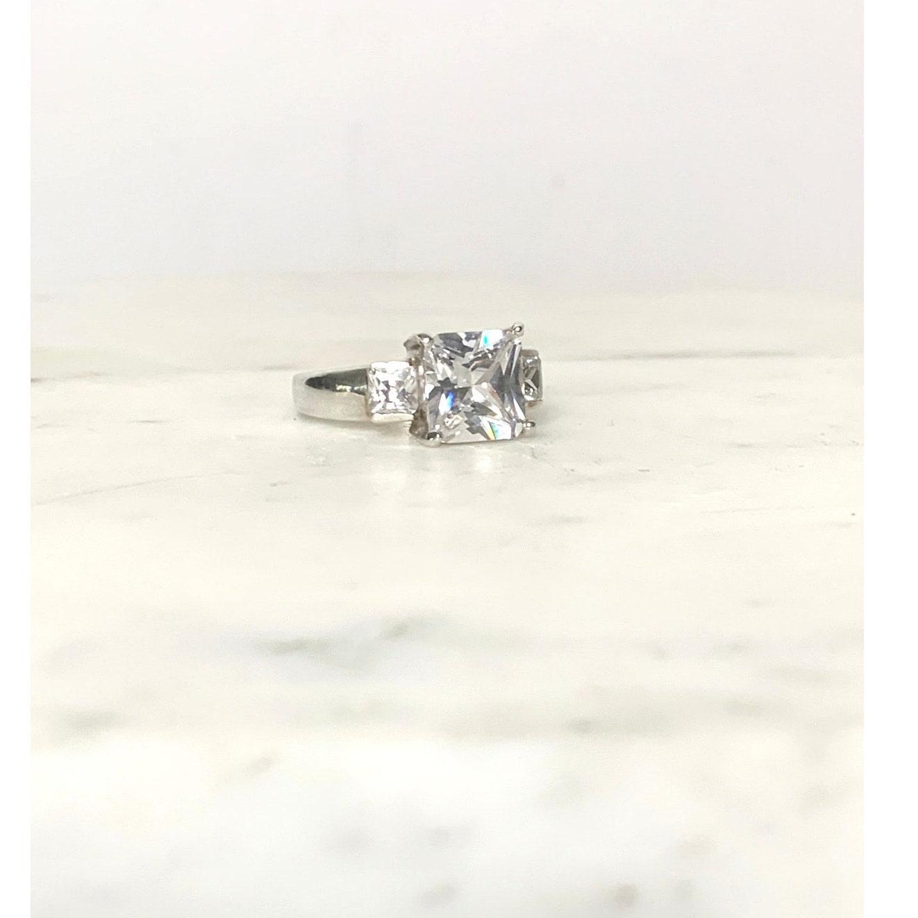 Vintage Sterling Silver Ring with Cubic Zirconia Size 7.25 Princess Cut - 925