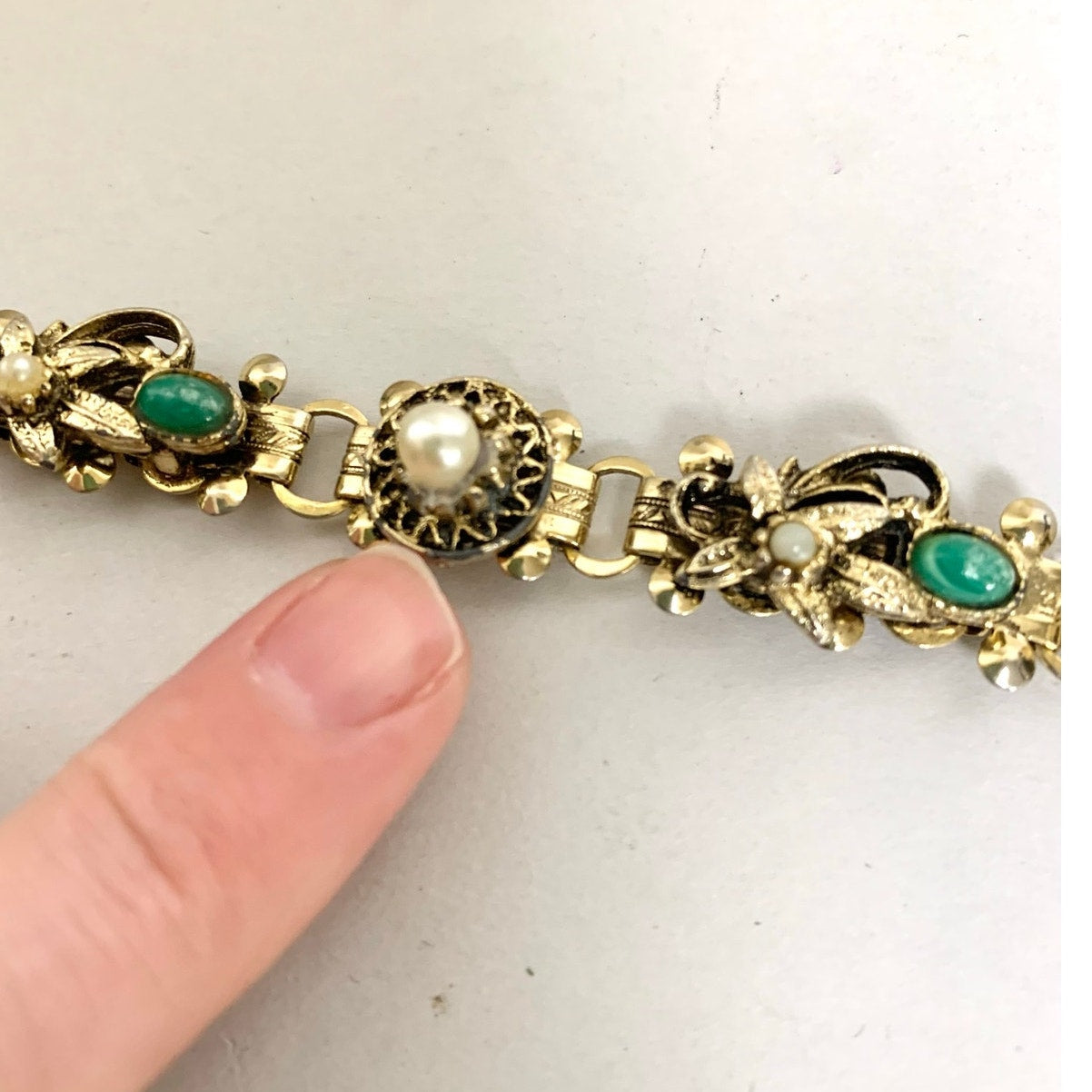 Vintage Victorian Revival Bracelet Goldtone Floral Link Faux Pearl Green Cabochon