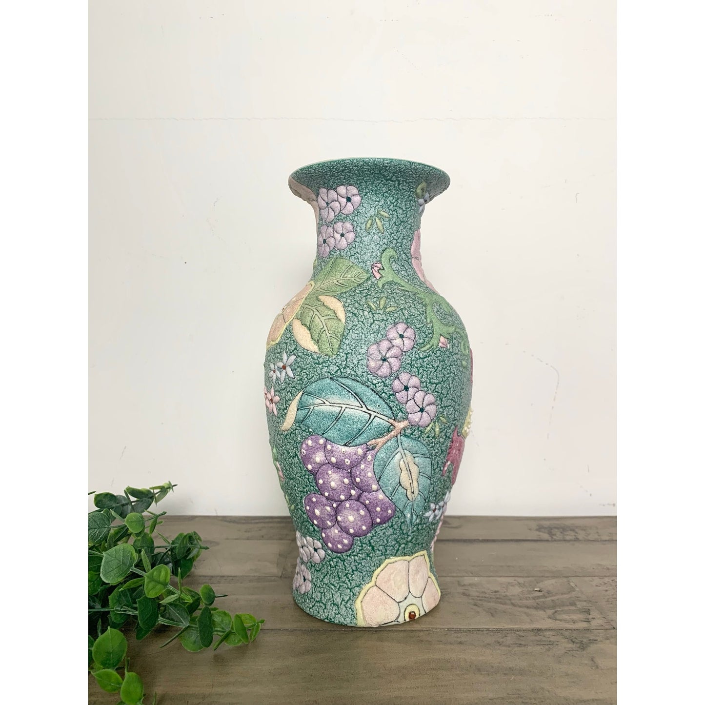 Vintage Chinese High-Relief Textured Ceramic Vase Floral & Fruit Chinoiserie 12"
