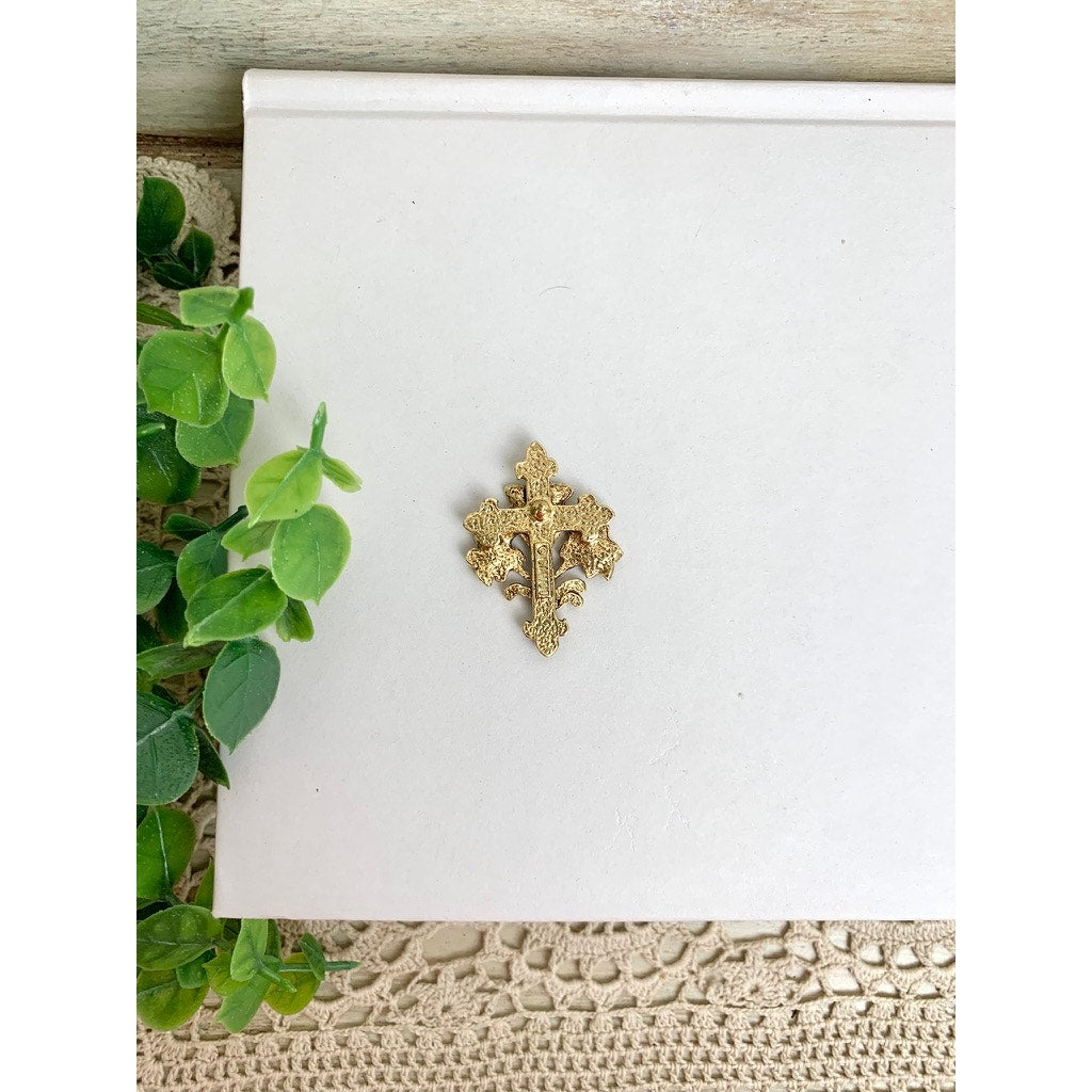Vintage Gold Tone Floral Cross Brooch Pin Signed Religious Ornate Romantic Jewelry