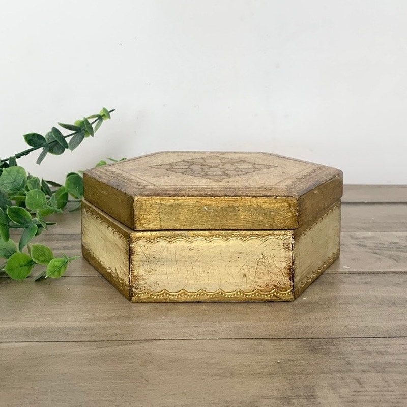 Vintage Florentine Gold Giltwood Box Made in Italy Hexagon Trinket Box Old World Regency