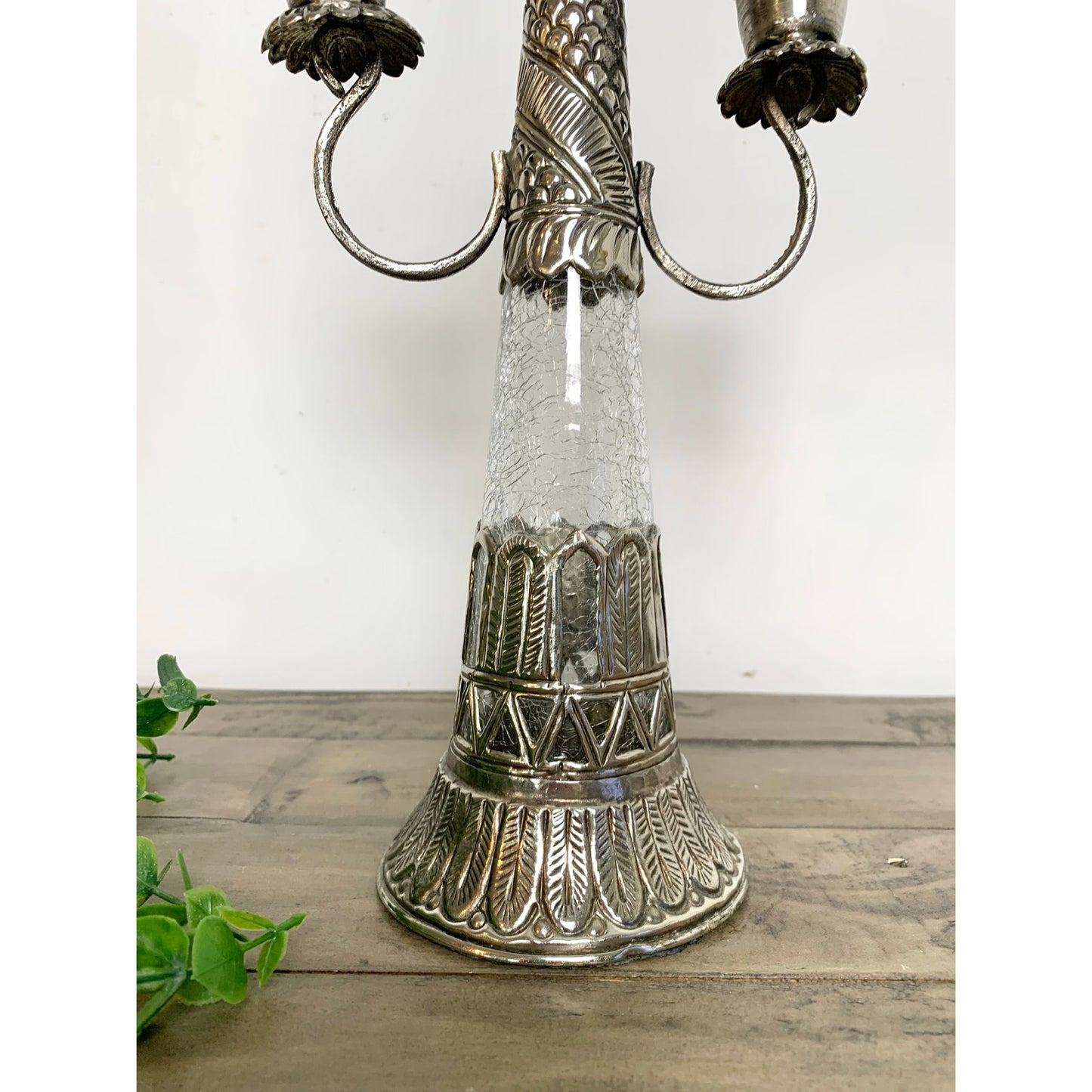 Vintage Ornate Silver Tone Candelabra Crackle Glass Stem Three Arm Candle Holder