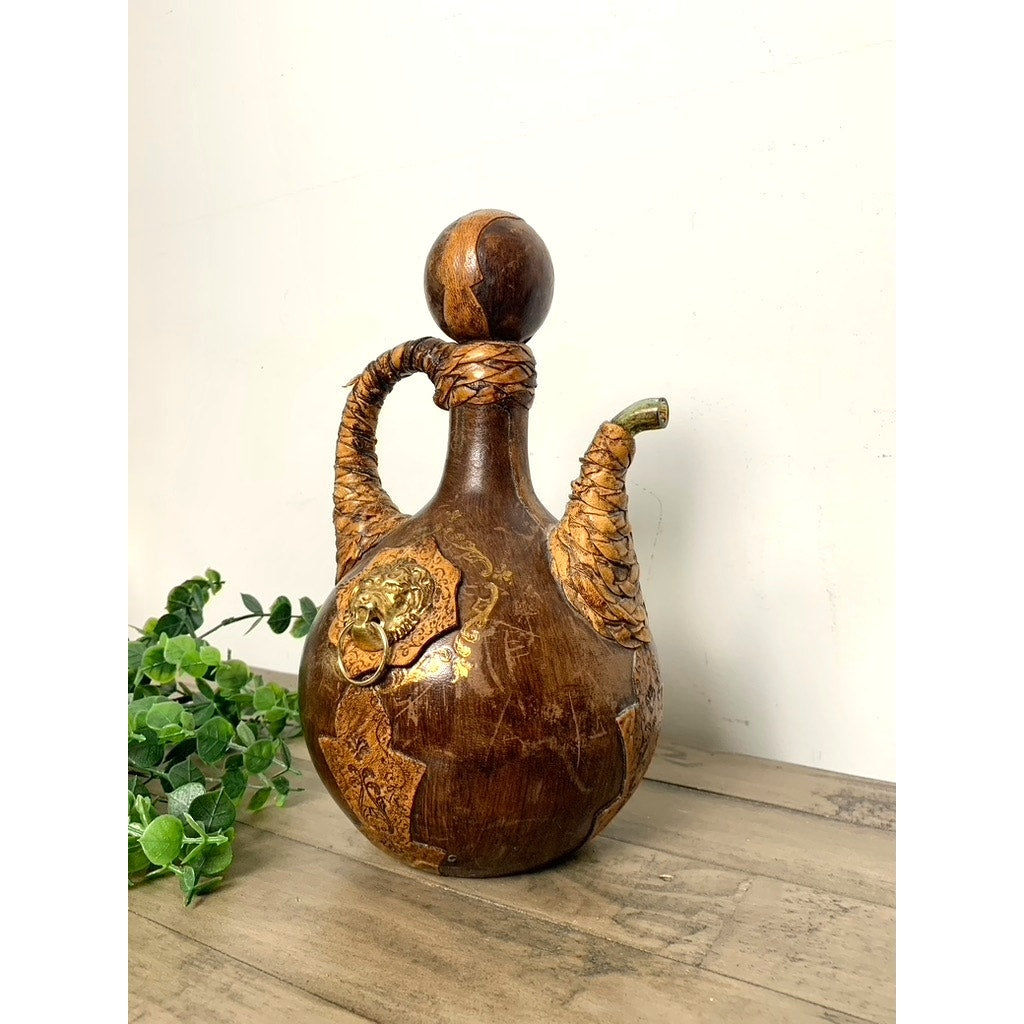 Vintage Italian Leather Lion Head Decanter Bottle Brass Ring Stopper Old Money