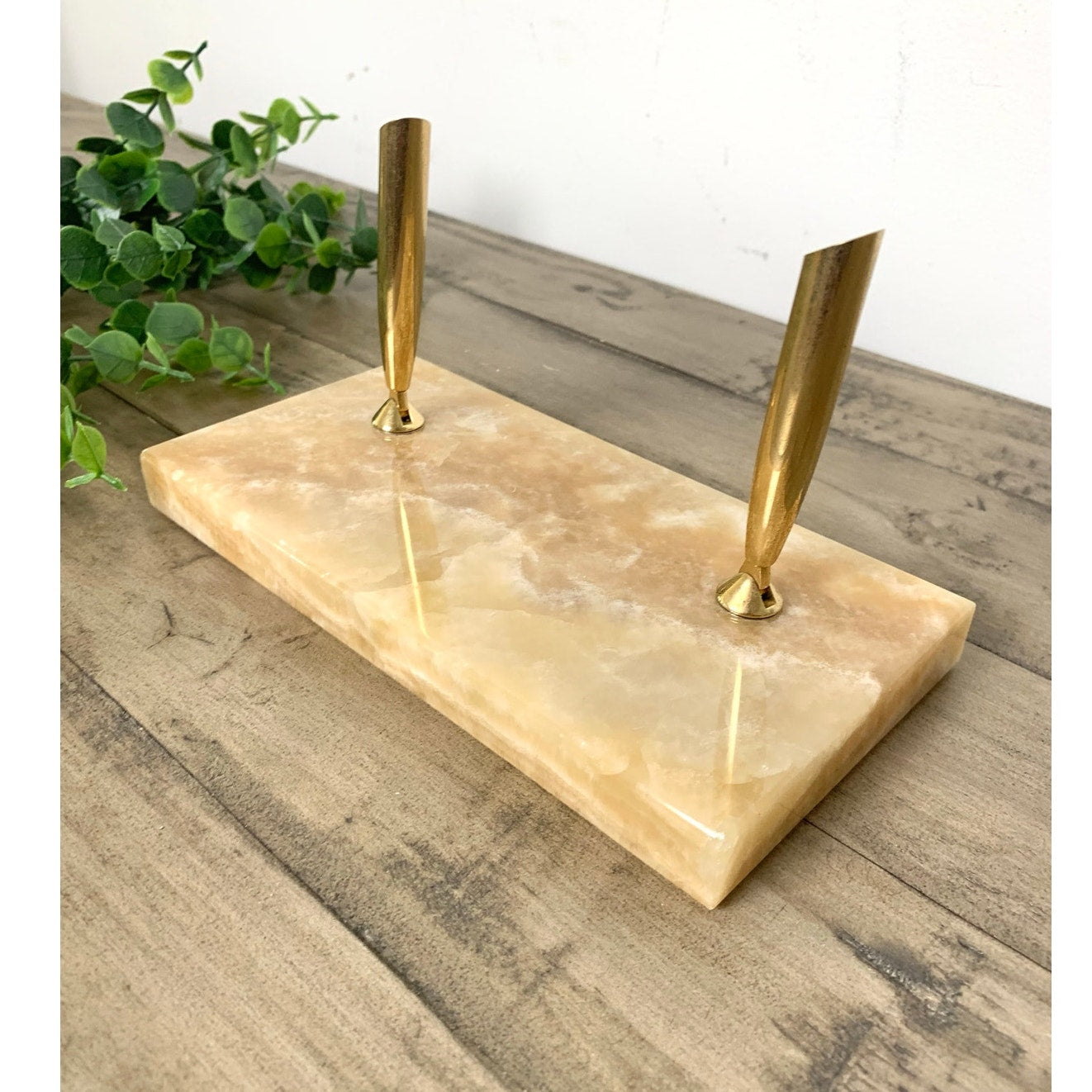 Vintage Onyx Stone Double Brass Pen Holder Desk Stand Office Old Money Academia