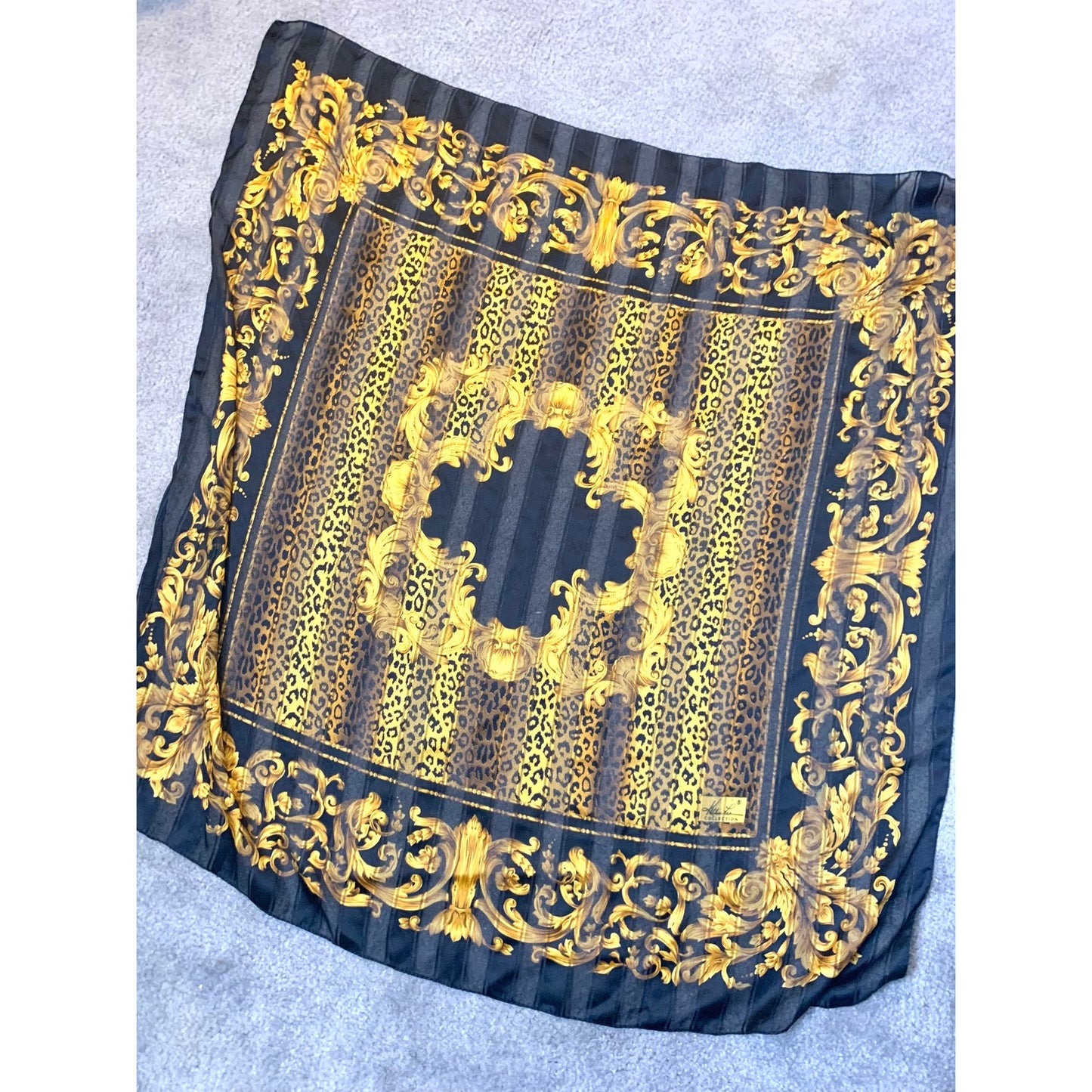 Vintage Kathie Lee Italy Scarf Baroque Leopard Print Black Gold Sheer Square Glam