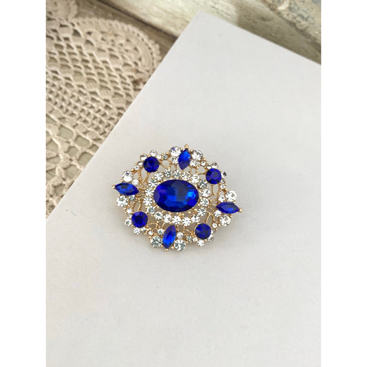 Blue Glass Rhinestone Statement Brooch Goldtone Clear Accents Romantic Vintage Style