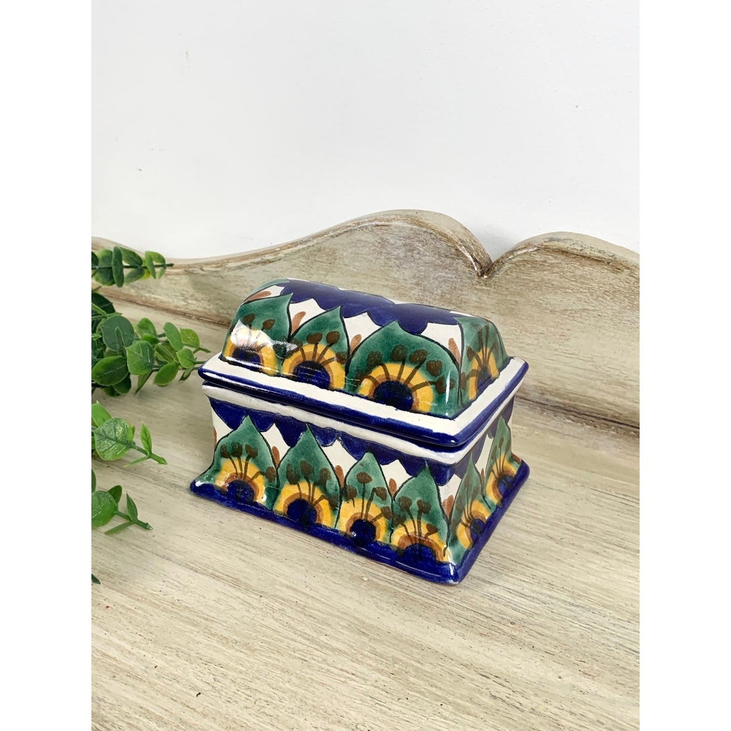 Vintage Mexican Talavera Style Ceramic Lidded Box Hand Painted Pottery Trinket Dish