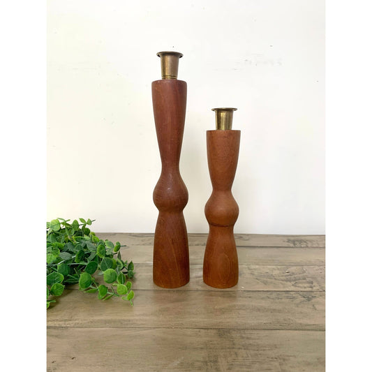 Pair of Vintage Mid Century Modern Wood Candlesticks with Brass Holders Cottage