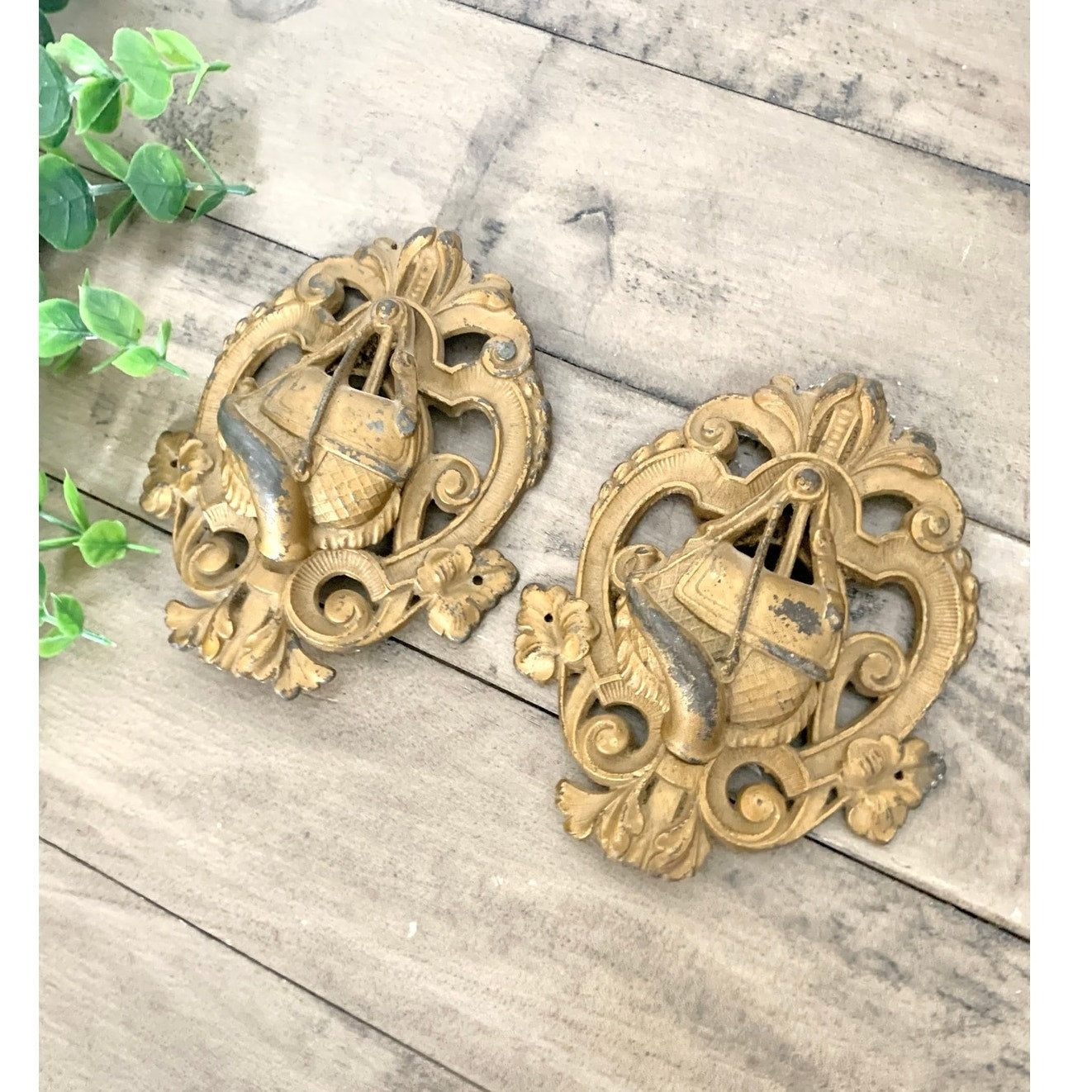 Antique French Revival Furniture Mounts Ornate Architectural Crest Pair Wall Decals