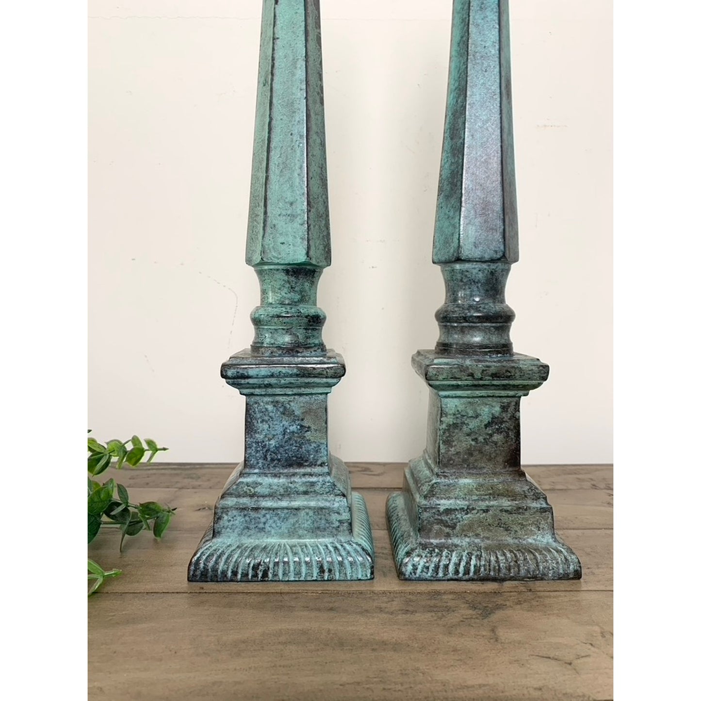 Verdigris Tall Metal Obelisk Finial Sculptures Pair Old Money Distressed 18.25 H