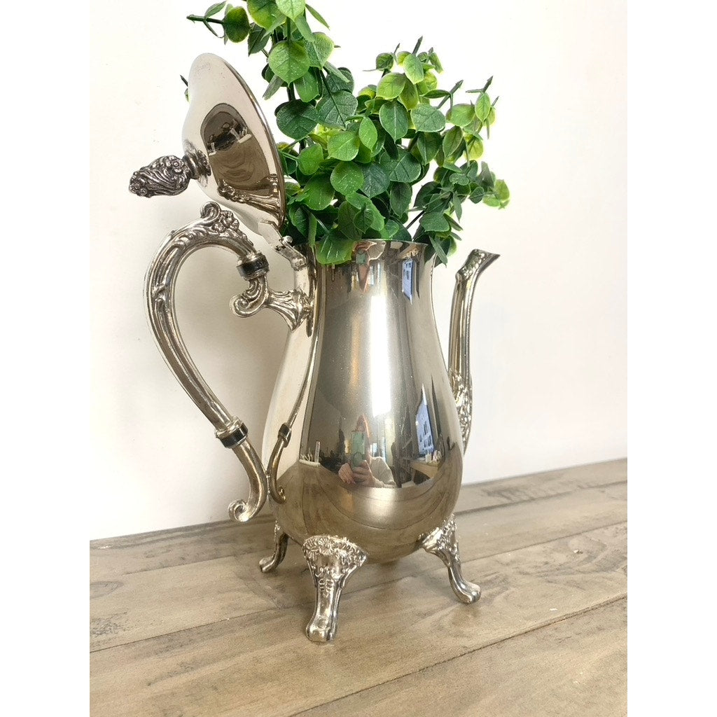 Vintage Silverplate Coffee Pot Tea Pot Ornate Footed Serving Dish Hinged Lid Floral Elegant