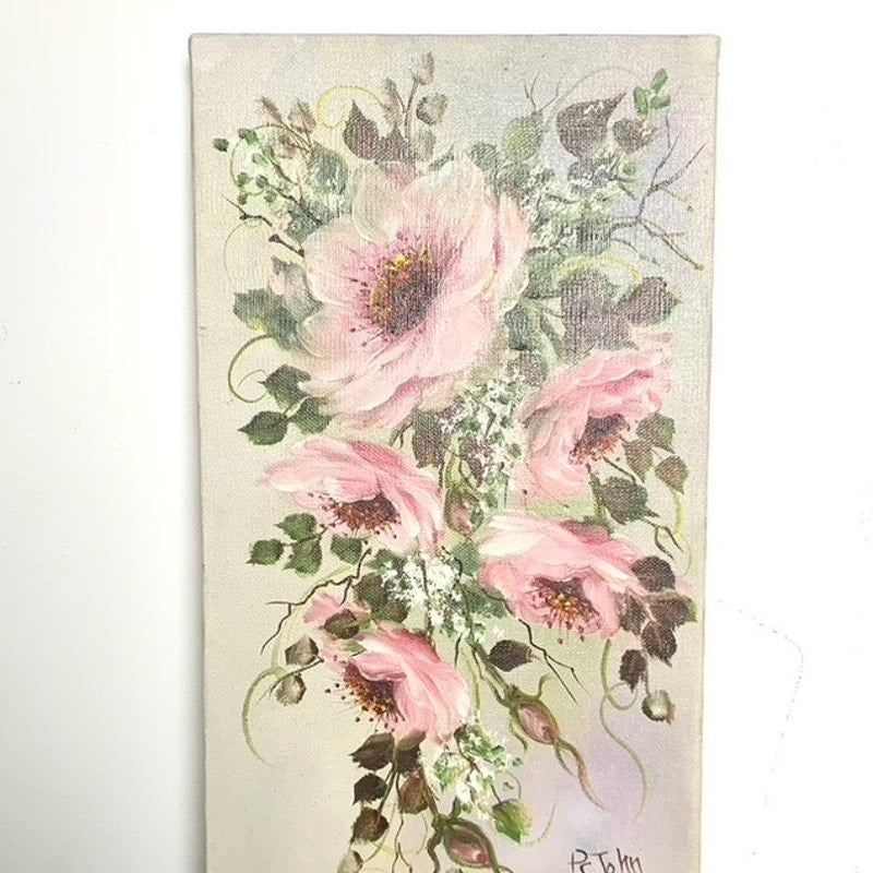 Vintage Floral Oil Painting on Canvas Signed by P. John, 16x8, Pink Floral