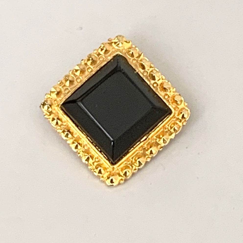 Bold Faceted Black Glass Brooch in Textured Gold Tone Frame Square Statement Pin Elegant